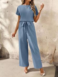 SHEIN Clasi 女士纯色露背荷叶边短袖连体裤 - 藍色 - 查看 5