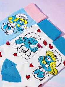 SHEIN X The Smurfs 2双装柔软透气吸湿休闲中筒袜，时尚可爱卡通白蓝船袜，加固趾部和后跟，经久耐穿，男女通用，情侣四季皆宜，夏季冬季百搭图案袜 - 彩色 - 查看 3
