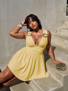 Rustia Plus Size Women's Waist Ruched Solid Color Shoulder Strap Design Elegant Dress - Pale Yellow - View 1