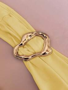 Rustia Plus Size Women's Waist Ruched Solid Color Shoulder Strap Design Elegant Dress - Pale Yellow - View 7
