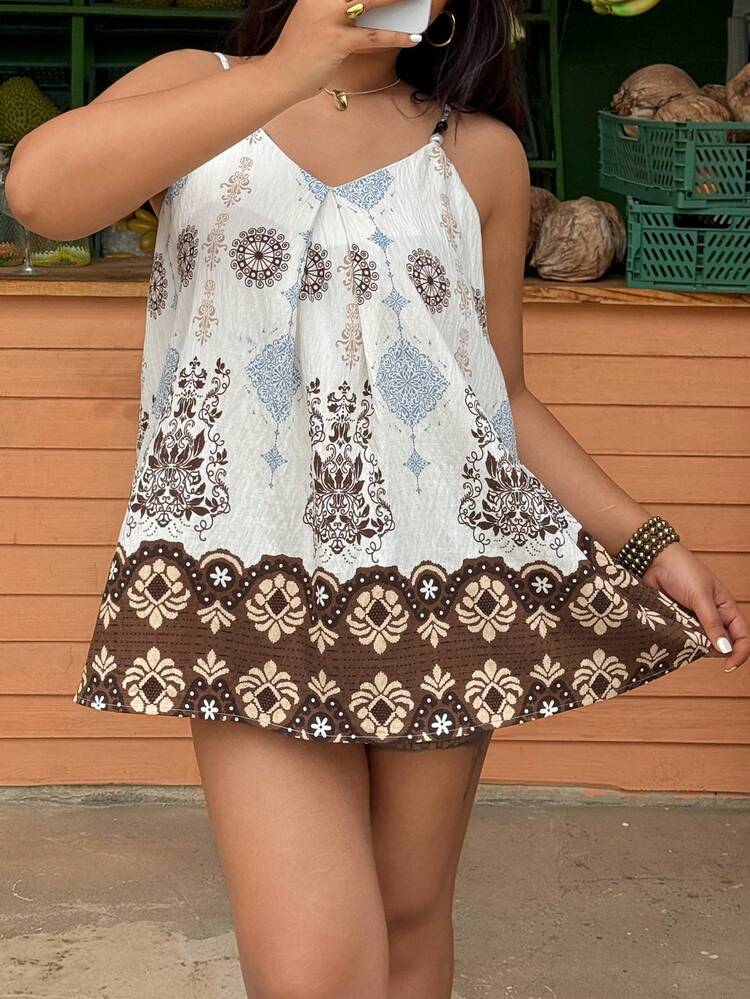 Dazy Plus Floral Print Casual Loose Fit Camisole Top, Suitable For Summer Vacation, Versatile, Plus Size For Women, Spring/Summer