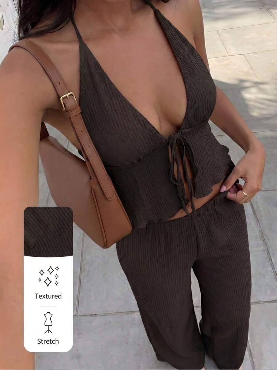 FavEase Women's Sexy Textured Pleated Halter Camisole And Wide Leg Loose Pants Set, Summer - Brown - View 1