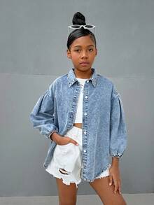 SHEIN Tween Girl Y2K Casual Stonewashed Drop Shoulder Baggy Soft Denim Shirt,Tween Girl Back To School Clothes Outfits - Light Wash - View 3