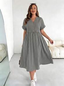 SHEIN CURVE+ 大码翻领条纹口袋短袖夏季连衣裙 - 彩色 - 查看 4
