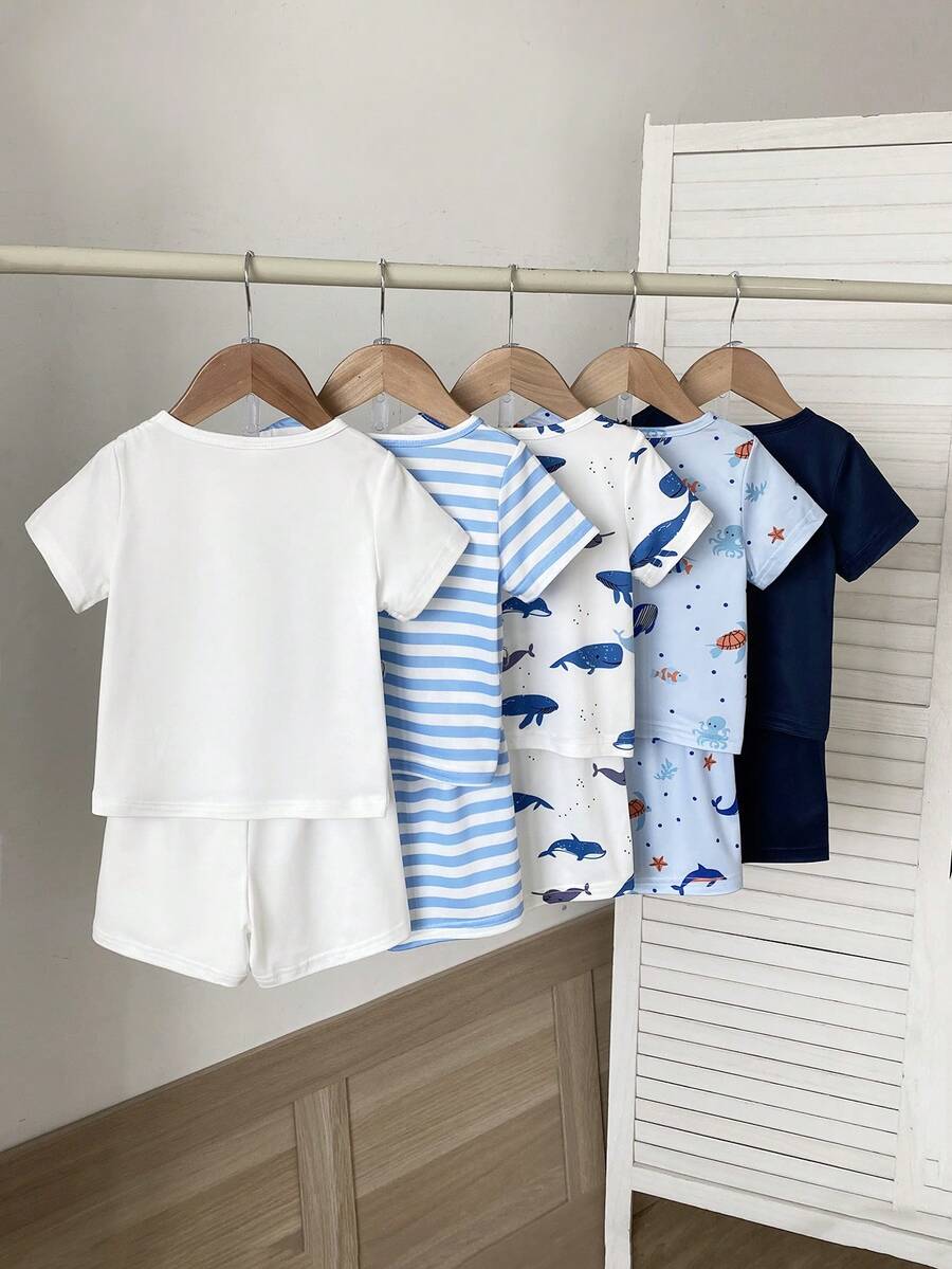 SHEIN Playful Pals 10件/組 嬰幼兒男童鯨魚印花T恤與短褲 藍白條紋 夏季休閒可愛圓領短袖 上衣5套組 - 彩色 - 查看 1
