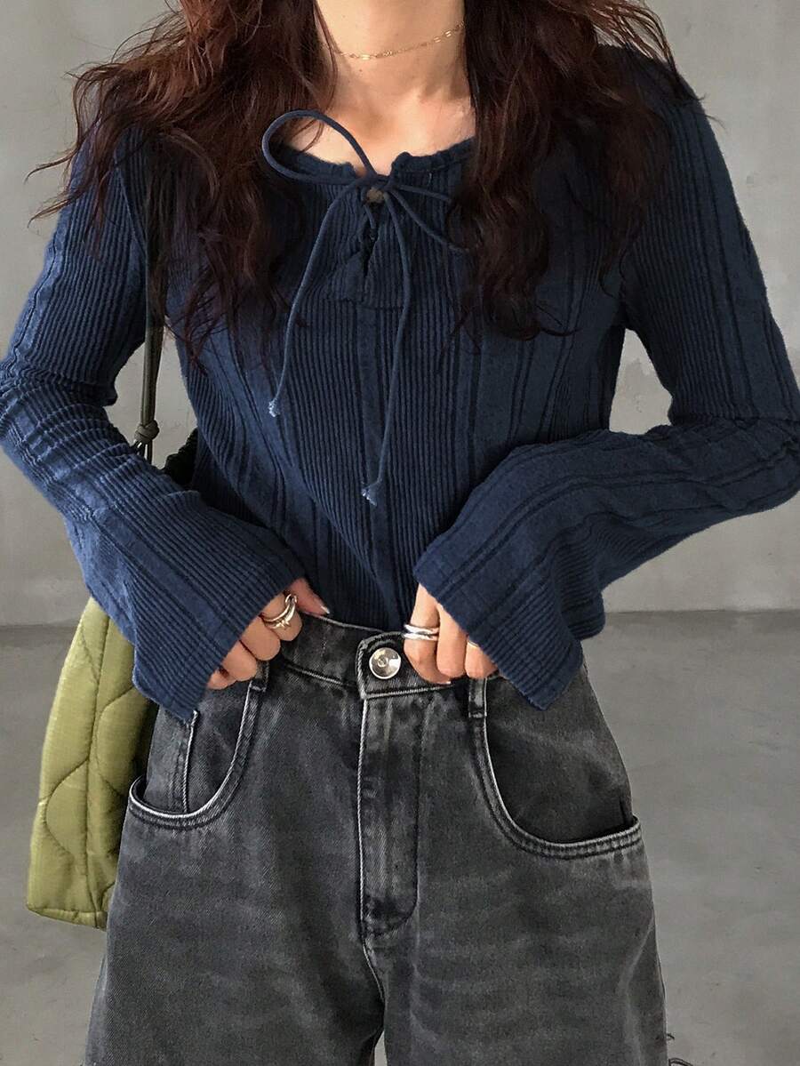 FRIFUL Women Casual Solid Color Cross Strap Long Sleeve Fitted T-Shirt,Fall Women Clothes - Navy Blue - View 1