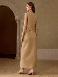MOTF PREMIUM WOMEN'S SEQUIN SLEEVELESS VEST AND HIGH SLIT SKIRT 2 PIECES SET - Khaki - View 4
