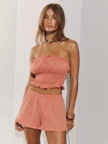 SHEIN Aralina-E Women's 2pcs Boho Textured Striped Smocked Waist Strapless Top Ruffle Hem And Ruffled Mini Shorts Vacation Summer Two Piece Sets Women Set Top And Shorts Set Cute Summer Outfit - Coral Orange - View 2
