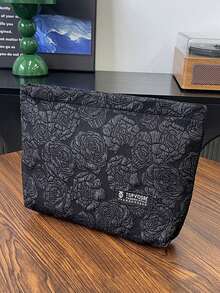1 pieza Bolsa de maquillaje de jacquard floral negro, con textura de relieve vintage, gran capacidad, bolsa de aseo portátil para viajes, bolsa de mano con cremallera suave, bolsa de almacenamiento de baño, regalo para el Día de San Valentín, Año Nuevo, boda, bolsa de aseo para damas, bolsa para damas, bolsa de almacenamiento de cosméticos, viaje, bolsa de maquillaje, imprescindible para vacaciones, caja de belleza - Negro - Ver 1