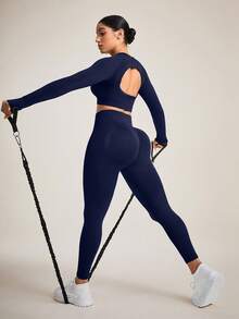 Seamluxe SHEIN Sport Women Solid Color Open Back Seamless Sports Set Gym Set Workout Women Set Women Leggings Setgym Set - Navy Blue - View 2