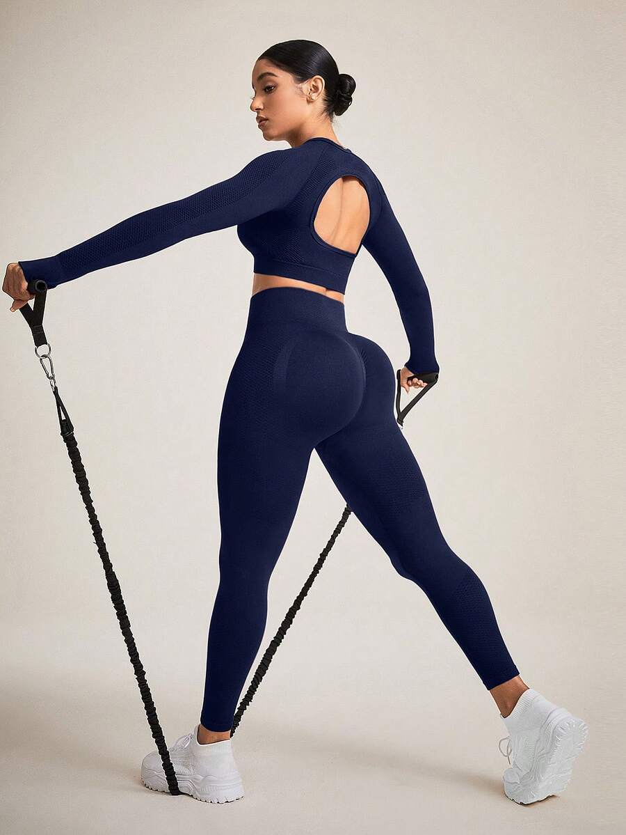 Seamluxe SHEIN Sport Women Solid Color Open Back Seamless Sports Set Gym Set Workout Women Set Women Leggings Setgym Set