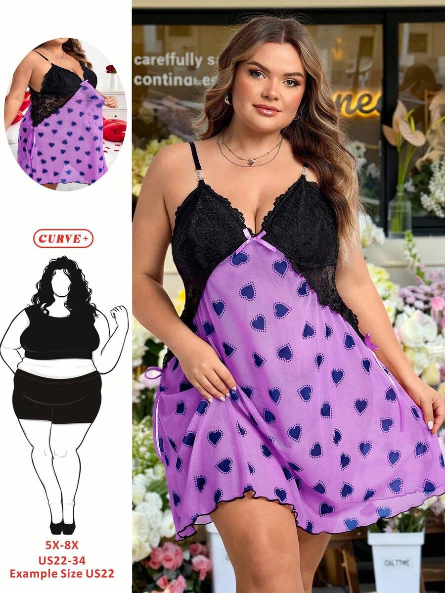 SHEIN CURVE+ Đầm cỡ lớn CURVE PLUS /Ngày Valentine/Đầm hai dây lưới hở lưng phối màu tương phản với ren và họa tiết trái tim gợi cảm, thích hợp cho ngày Valentine. - Màu tím - Xem 1