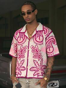 AXEPEAK Soluble Flower Collar Short Sleeve Loose Fit Cashew Flower Pattern Men Knit Top - Pink - View 3