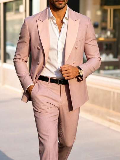 Manfinity Bizformal Bộ vest công sở và quần tây nam màu hồng phối tương phản, thích hợp cho đám cưới/lễ hội.