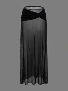 Swim Oasis 2 pièces Ensemble de plage pour femmes, tenue d'été mignonne pour vacances et fête à la piscine, maillot de bain texturé noir & blanc avec lien devant, col ras-du-cou ajouré & jupe maxi - Noir et Blanc - Voir 5