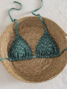 SHEIN Swim 2026 New Plus Size Green Special Fabric Halter Tie Front Beaded Women's Bikini Top, Suitable For Beach & Seaside Wear, Spring/Summer - Green - View 3