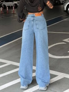 EURMUSE High Waist Wash Detailed Straight Jean - Medium Wash - View 3