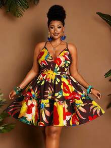 Maweii Vestido Longo Mulheres Plus Size com Estampa Floral Tropical, Cintura Elástica Franzida, Decote Nas Costas, Bainha Franzida, Adequado para Festa, Praia, Férias - Multicolorido - Visão 3
