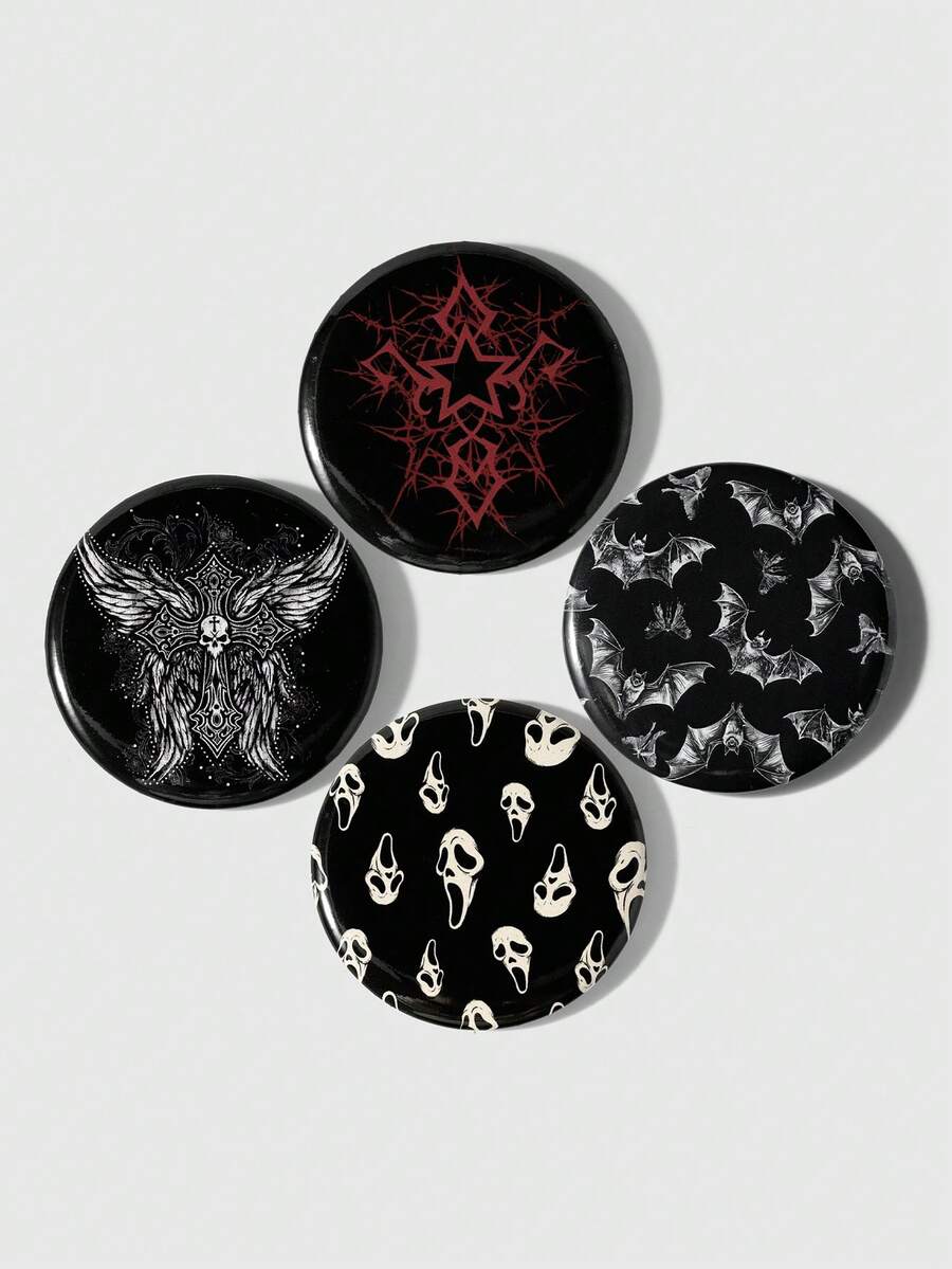 ROMWE 4 Y2k Sweet Cool Babes Retro Punk Personalized Fashion Dark Wind Gothic Two-Dimensional Bar Stamp Black/White/Red Thorns Stars Rattan Mo Hot Diamond Cross Wing Wings Skeleton Grimace Bat Moth Full Of Silver Pins Badge Brooch Hand Account Decoration Bag Pendant, Combination Set, Suitable For Sisters, Girlfriends, Couples, Friends, Girls, Daily Wear, Holiday Gifts - Multicolor-12 - View 1