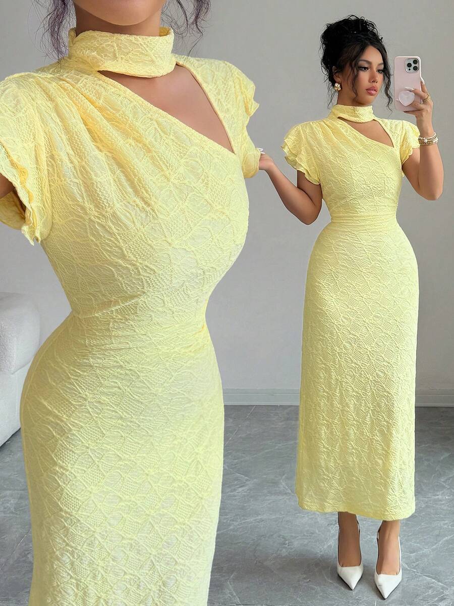 Modelyn Đầm quấn dệt kim jacquard thanh lịch dành cho nữ, cổ khoét rỗng, tay bồng, thích hợp cho các bữa tiệc, họp mặt và hẹn hò mùa xuân/hè. - Màu vàng - Xem 1
