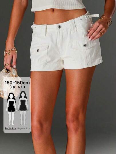 SHEIN PETITE Women's Solid Color Pocket Casual Loose Denim Shorts, Summer