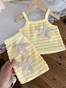 SHEIN 2 piezas Conjunto casual y lindo para niñas bebé con top sin mangas de punto jacquard a rayas + shorts de cintura elástica, adecuado para salidas de verano o vacaciones - Amarillo - Ver 6