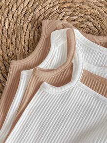 Loomiva 4pcs Newborn Baby Girl Solid Color Soft Knit Sleeveless Romper Set - Multicolor - View 7