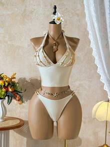 Bellisia Women's Tankini Island Beach Resort Elegant Handmade Beaded Rope Decor Sexy Casual Versatile Swimwear - Apricot - View 1