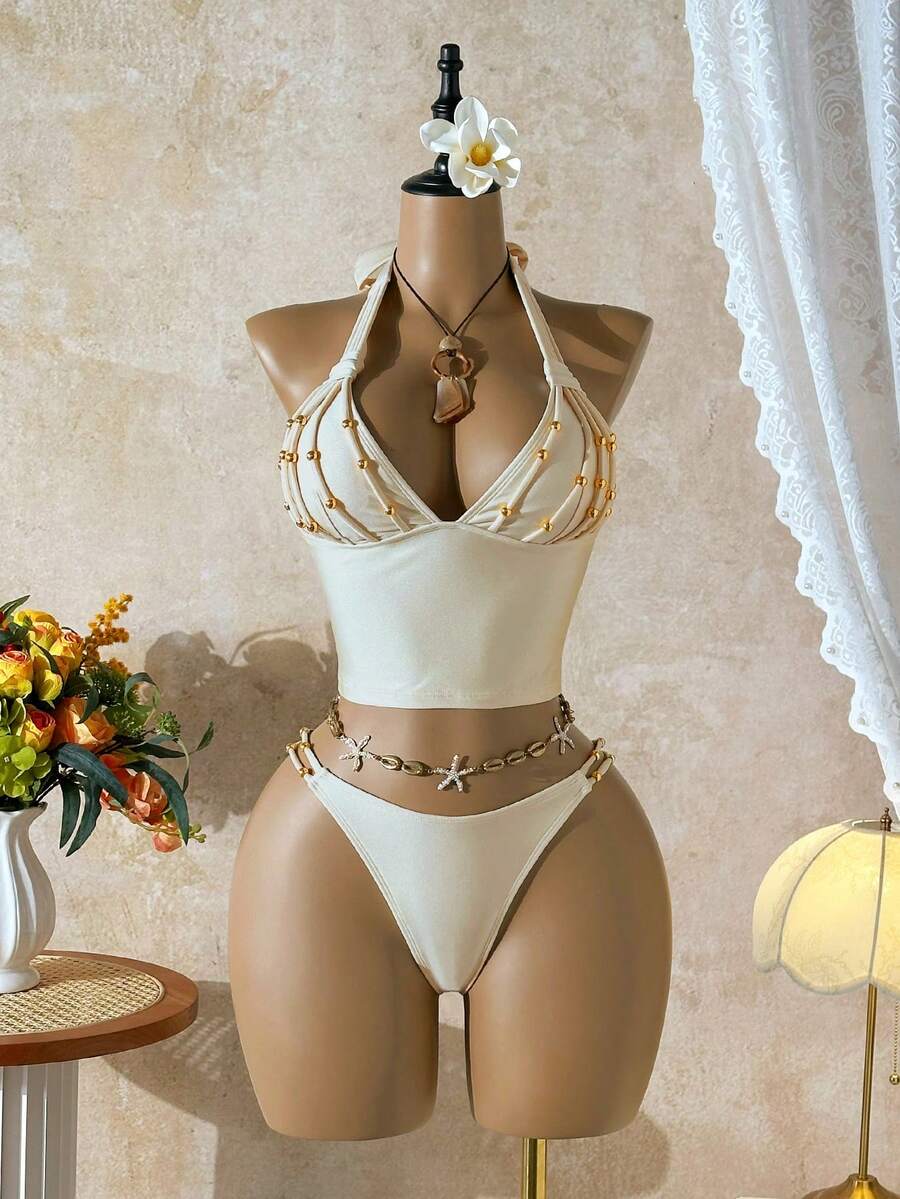 Bellisia Women's Tankini Island Beach Resort Elegant Handmade Beaded Rope Decor Sexy Casual Versatile Swimwear - Apricot - View 1