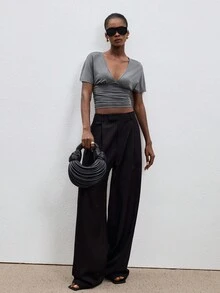 Women's Tencel Ruched Waist Top – Elegant Stretchy Blouse For Summer Beach, Party & Vacation - Grey - View 4