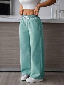 SHEIN PETITE 女士休闲水洗宽松牛仔裤 - 綠色 - 查看 3