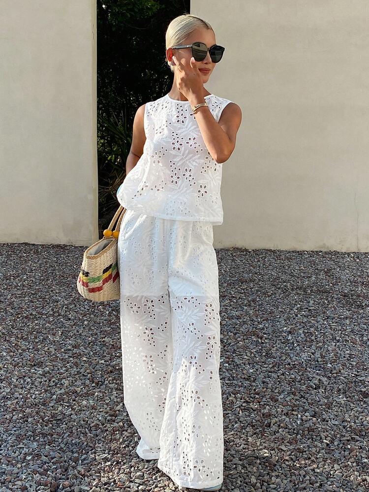Elegant Casual White Hollow-Out Eyelet Embroidery Loose Sleeveless Shirt And Long Pants Set, Vacation/Beach Style, Spring/Summer