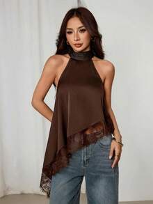 SHEIN PETITE Áo kiểu yếm cổ cao bất đối xứng với viền ren, thích hợp cho tiệc tối, cocktail, trang trọng, thanh lịch, không tay, đi chơi đêm, dự tiệc cưới, mùa hè, thu, kiểu trễ vai. - màu nâu - Xem 8