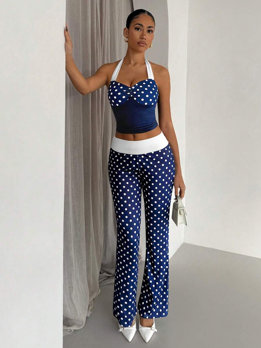 SHEIN Glamour 两件套白色宝石色波浪点性感露背无袖上衣裤套装,街头风、演唱会套装、夜店套装、约会套装、优雅套装、舞会套装、锐舞套装、女士生日套装、派对必备、基础套装、外出套装、休闲针织套装、毕业季套装 - 彩色 - 查看 1