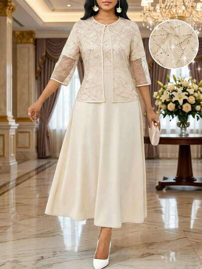 SHEIN Lady Women's Sequin Mesh 3/4 Sleeve Top And Dress Elegant 2 Pieces Set