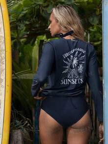 Swim SPRTY Women's Palm Tree Print Long Sleeve Casual Rash Guard - Navy Blue - View 2