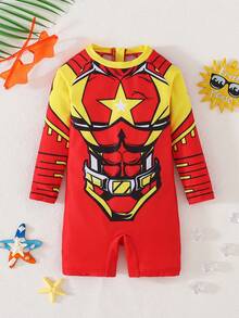SHEIN Baby Boy/Baby Boy Mecha Pattern Red Striped Contrast Color Long Sleeve Rash Guard Swimsuit,Suitable For Vacation,Beach,Surfing,Swimwear, - Red - View 6