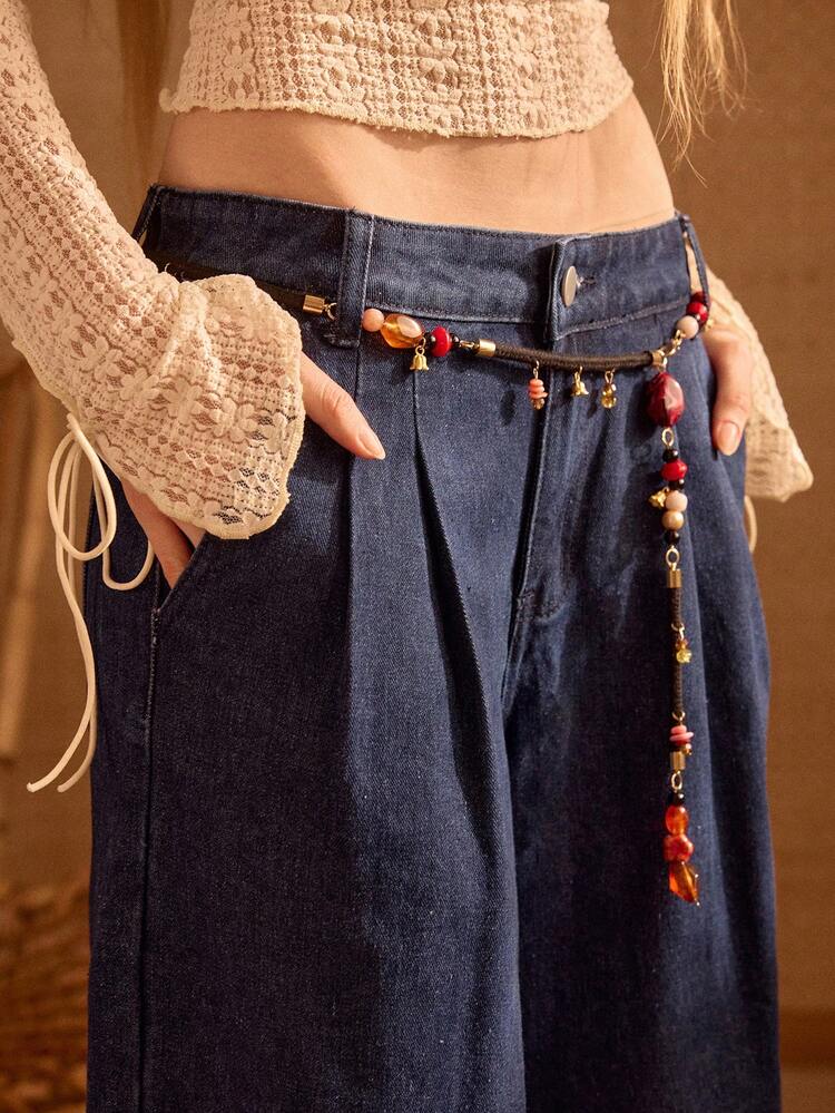 MOTF STUDIO WOMEN'S LOW WAIST LOOSE BEADED WAIST BELTED CASUAL WIDE LEG DENIM JEANS