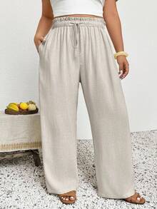 SHEIN PETITE CURVE 大码女式休闲时尚裤，假日休闲风，夏季长裤 - 杏色 - 查看 7