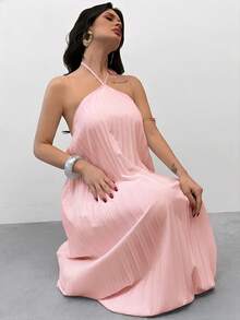 Firerie 女士优雅、精致、浪漫、端庄、简约通勤、情人节、约会、派对、婚礼宾客、度假 A 字长款阔腿连衣裙 - 淺粉色 - 查看 3