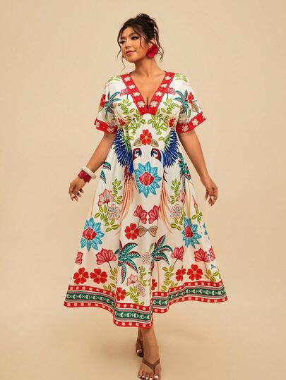 Travachic Plus Size Women's Tropical Plant Print Dress, Parrot Print Long Dress, V-Neck Short Sleeve Loose Long Dress