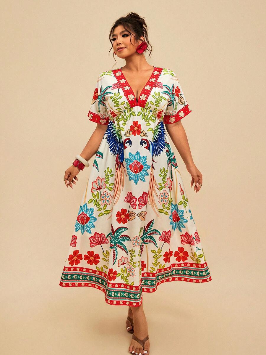 SHEIN TRVLCHIC 大码女式热带植物印花连衣裙，鹦鹉印花长裙，V领短袖宽松长裙 - 彩色 - 查看 1