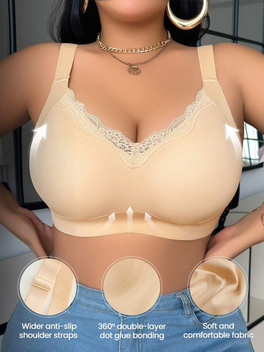 Plus Size Wireless Lace Bra With Lift And Side Support, Adjustable Shoulder Straps, Comfortable Daily Wear, Minimalist Design Wedding. - Apricot - View 1