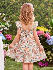 女童碎花束腰连衣裙，露背镂空蝴蝶结设计，休闲日常、复活节、百搭场合、外出、派对，可与姐妹装搭配 - 彩色 - 查看 1