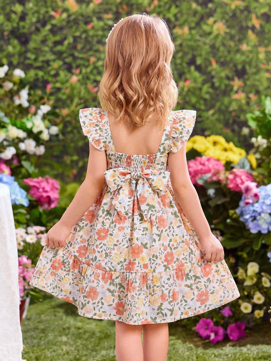 女童碎花束腰连衣裙，露背镂空蝴蝶结设计，休闲日常、复活节、百搭场合、外出、派对，可与姐妹装搭配 - 彩色 - 查看 1