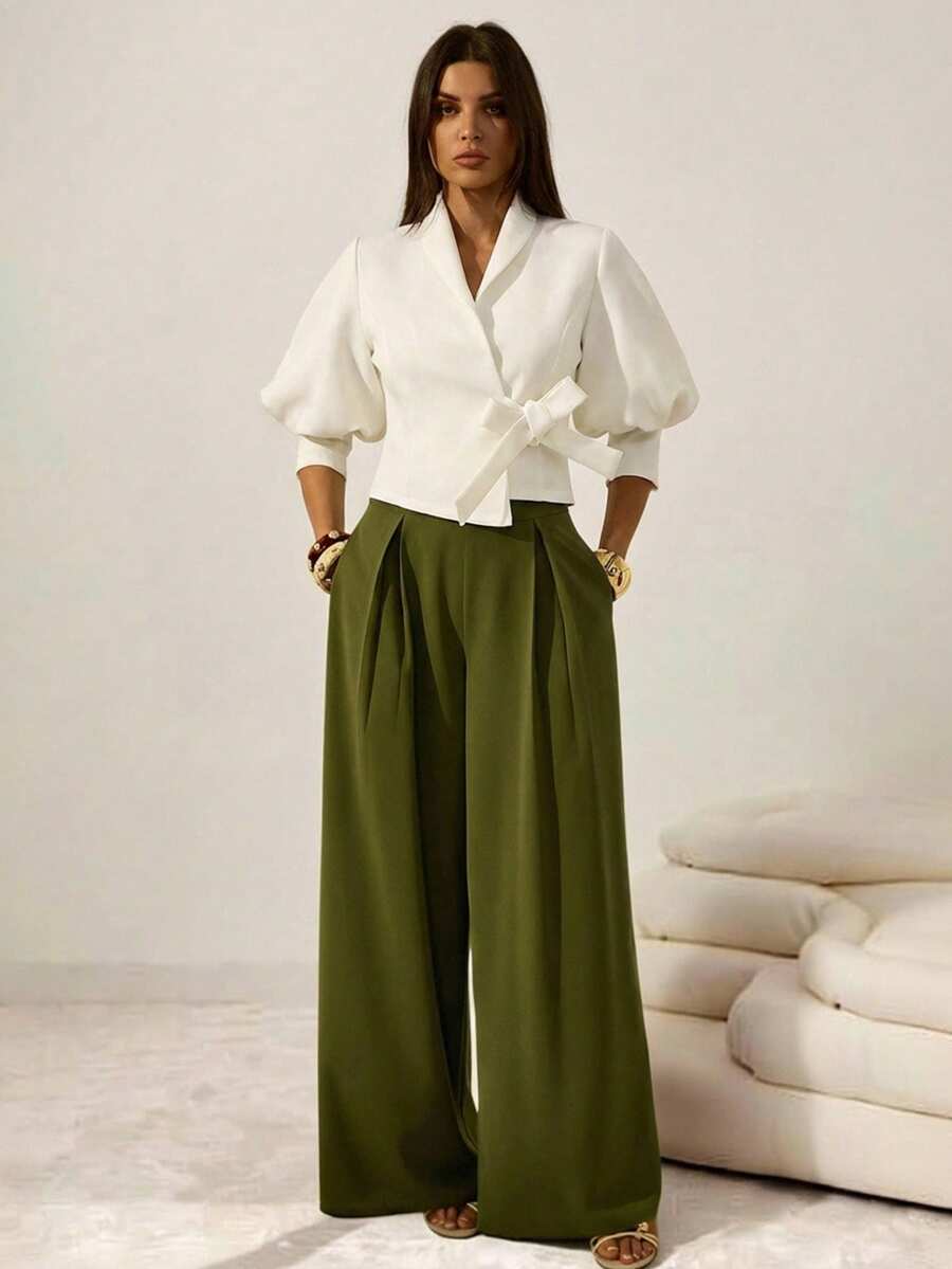 SHEIN Tall Quần ống rộng màu trơn tối giản, thời trang công sở, phù hợp cho nữ giới, đi làm. - xanh quân đội - Xem 1