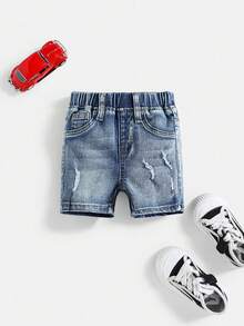 Pantalones cortos elásticos de mezclilla azul rasgados para niños pequeños - Lavado ligero - Ver 3