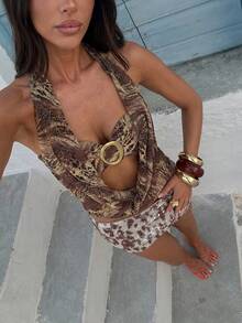 Opulessa Top halter sin espalda con estampado animal sexy para mujer, verano - Marrón - Ver 1