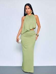 SOLERSUN Women's Elegant Ruched Sleeveless Backless Balloon Hem Top & & Ruched High Slit Maxi Skirt Two Pieces Outfit,Versatile For Vacation, Beach, Wedding Guest, Brunch & Party - Green - View 7