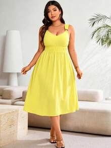 Ceyna Plus Size Solid Color Pleated Casual Summer Dress Maxi Women Outfit Beach Vacation Light Green - Yellow - View 7